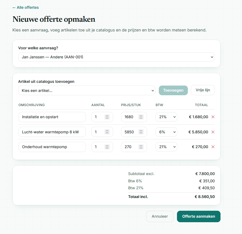 Een offerte opmaken met artikelen uit de catalogus en automatische btw