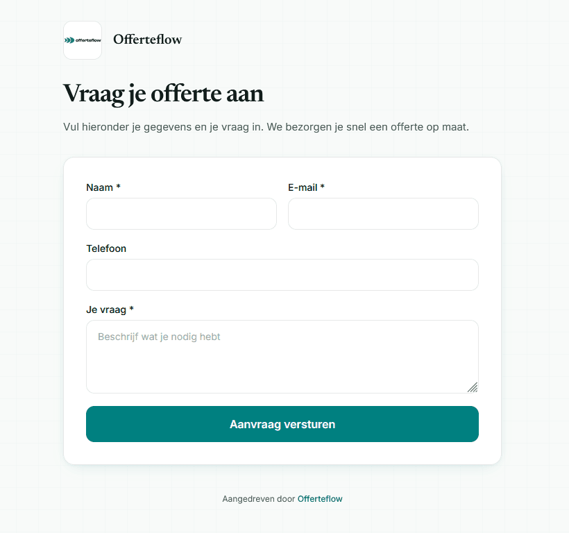 De publieke aanvraagpagina waar klanten zelf een offerte aanvragen